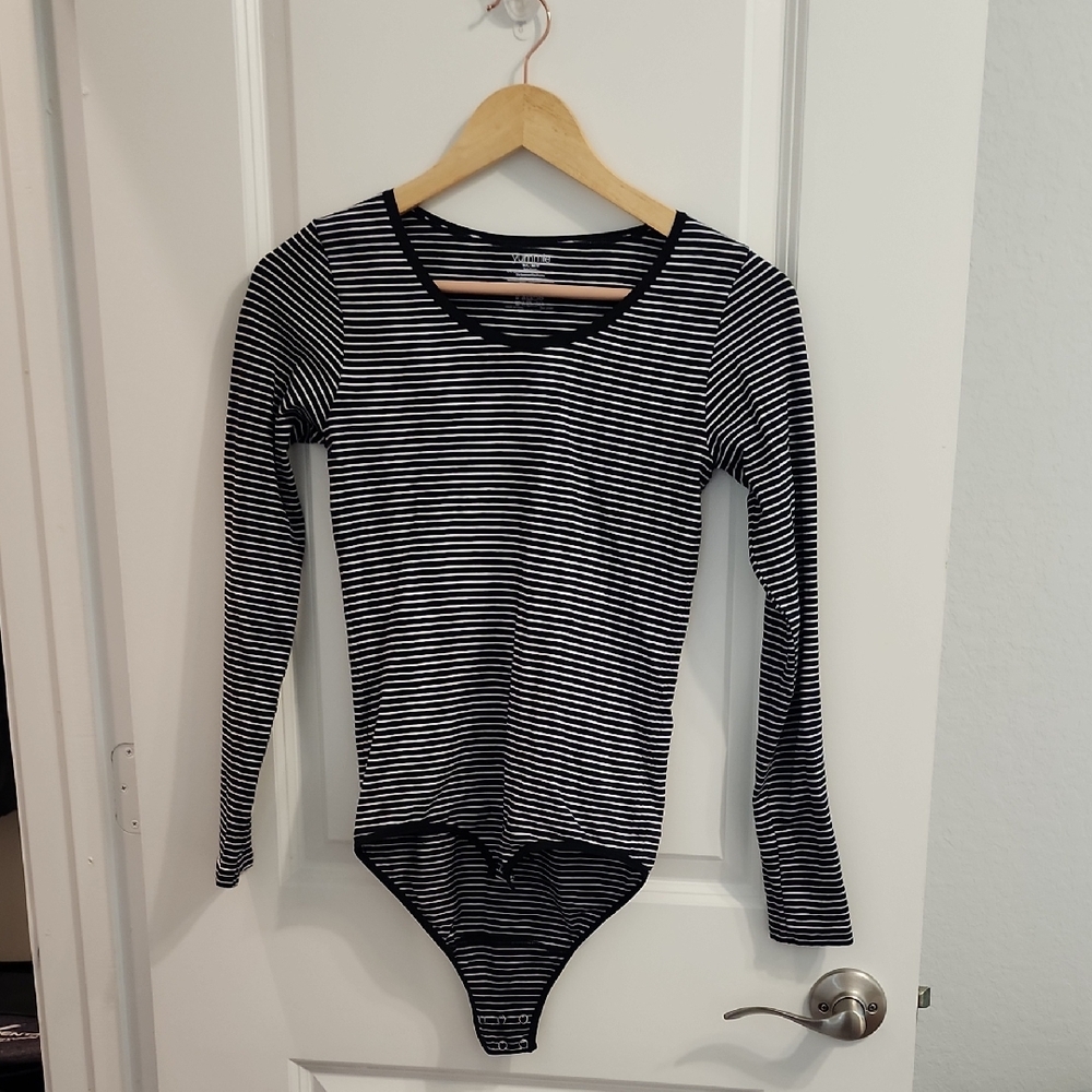 Women's Black & White Striped Long-Sleeve Bodysuit